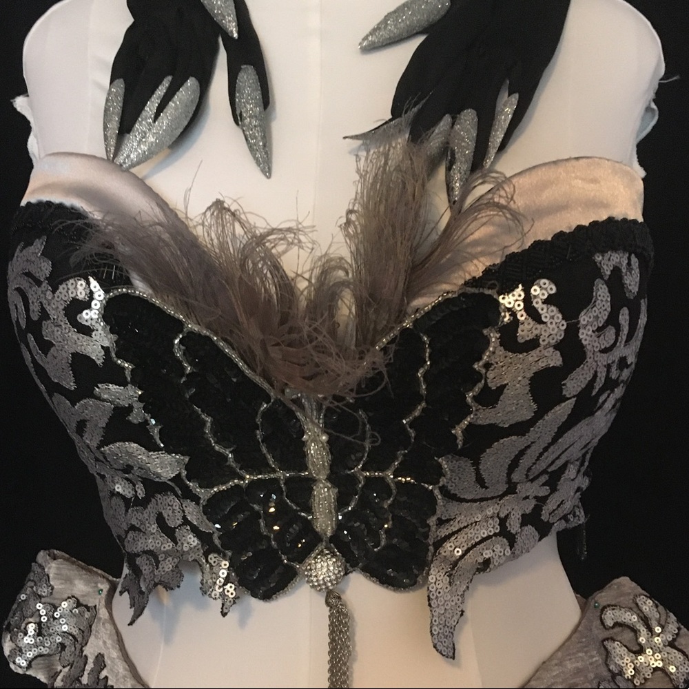 Black and silver burlesque bra